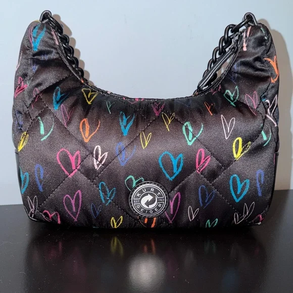 Kurt Geiger EUC Black Recycled Quilted Shoulder Bag with Multi-Colored Hearts - Picture 2 of 9
